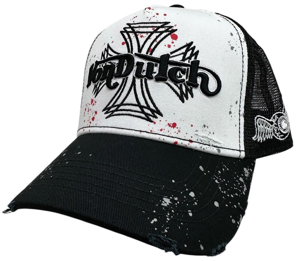 Von Dutch Trucker Hat Iron Distressed Paint Splatter Embroidered Snapback Cap